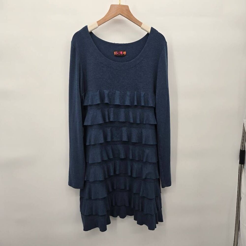 Isle Dress Size Medium Navy Long Sleeve Tiered Ruffle Knit Jersey